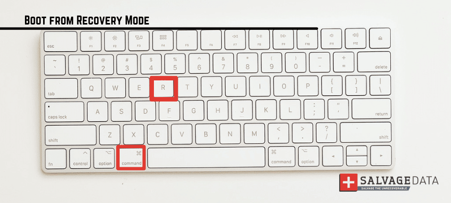 a photo of a mac keyboard with the command and R keys highlighted 